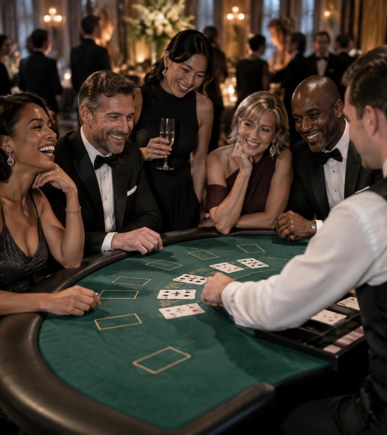 Mesa de poker cheia de convidados em evento noturno
